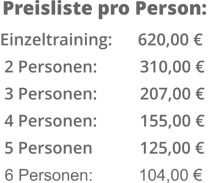 Einzeltraining: 620,00 € 2 Personen: 310,00 € 3 Personen: 207,00 € 4 Personen: 155,00 € 5 Personen 125,00 € 6 Personen: 104,00 €