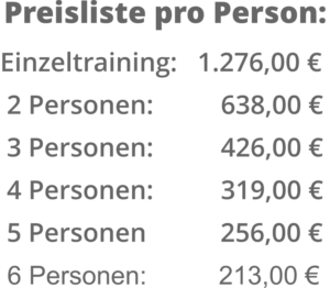 Preisliste pro Person: Einzeltraining: 1.276,00 € 2 Personen: 638,00 € 3 Personen: 426,00 € 4 Personen: 319,00 € 5 Personen 256,00 € 6 Personen: 213,00 €